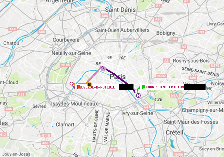 plan itinéraire ratp de Cour Saint-Emilion à Eglise d