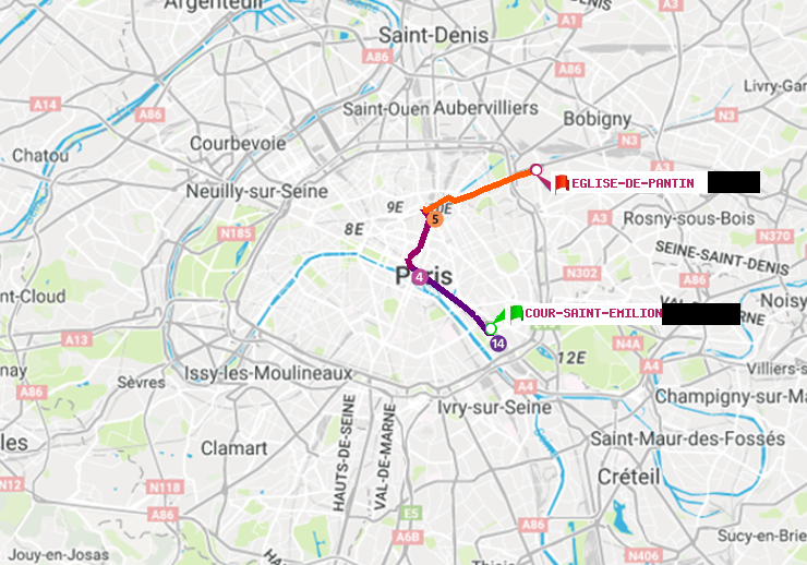 plan itinéraire ratp de Cour Saint-Emilion à Eglise de Pantin