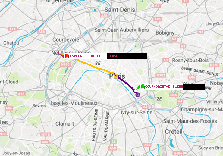 plan itinéraire ratp de Cour Saint-Emilion à Esplanade de la Défense