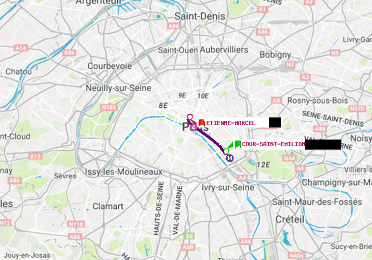 plan itinéraire ratp de Cour Saint-Emilion à Etienne Marcel