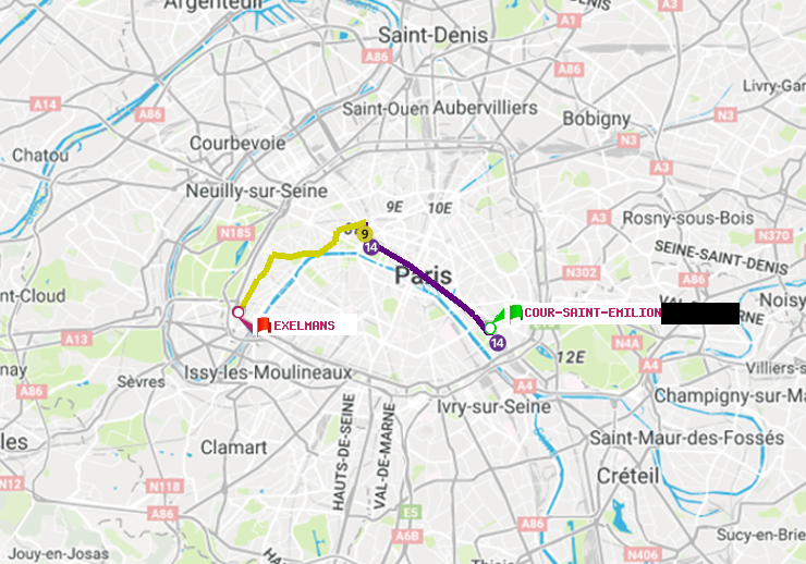 plan itinéraire ratp de Cour Saint-Emilion à Exelmans