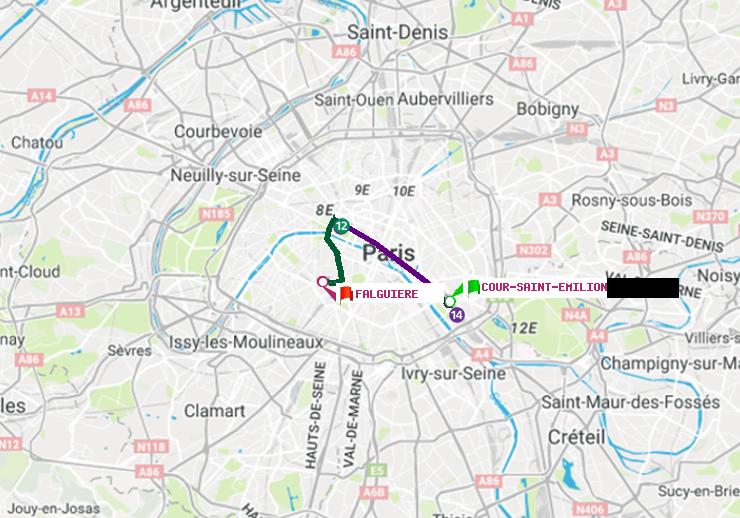 plan itinéraire ratp de Cour Saint-Emilion à Falguière