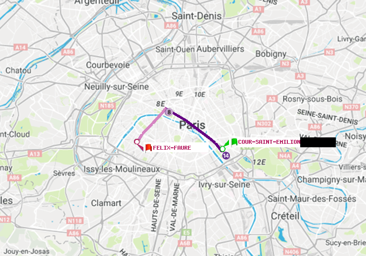 plan itinéraire ratp de Cour Saint-Emilion à Félix Faure