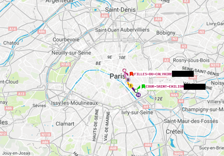 plan itinéraire ratp de Cour Saint-Emilion à Filles du Calvaire