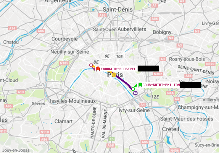 plan itinéraire ratp de Cour Saint-Emilion à Franklin-Roosevelt