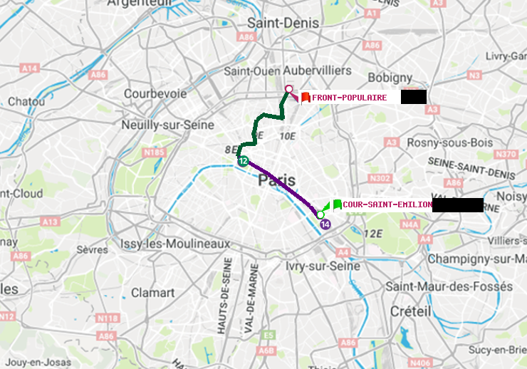 plan itinéraire ratp de Cour Saint-Emilion à Front Populaire