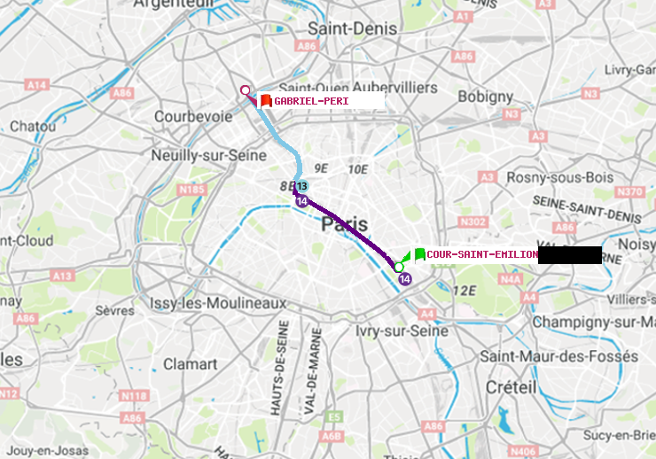 plan itinéraire ratp de Cour Saint-Emilion à Gabriel-Péri