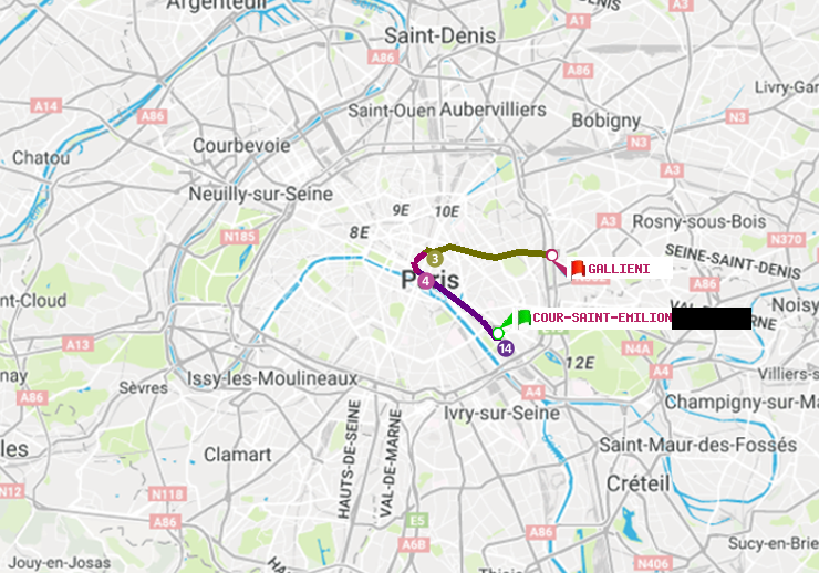 plan itinéraire ratp de Cour Saint-Emilion à Gallieni (Parc de Bagnolet)