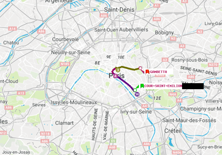 plan itinéraire ratp de Cour Saint-Emilion à Gambetta