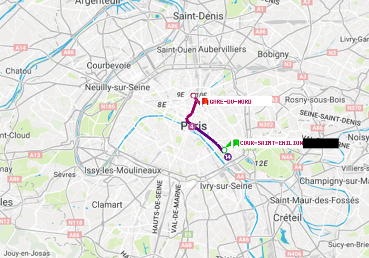 plan itinéraire ratp de Cour Saint-Emilion à Gare du Nord