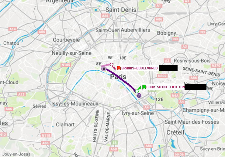 plan itinéraire ratp de Cour Saint-Emilion à Grands Boulevards