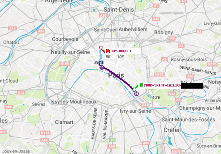 plan itinéraire ratp de Cour Saint-Emilion à Guy-Môquet