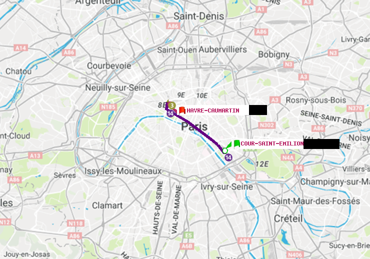 plan itinéraire ratp de Cour Saint-Emilion à Havre-Caumartin