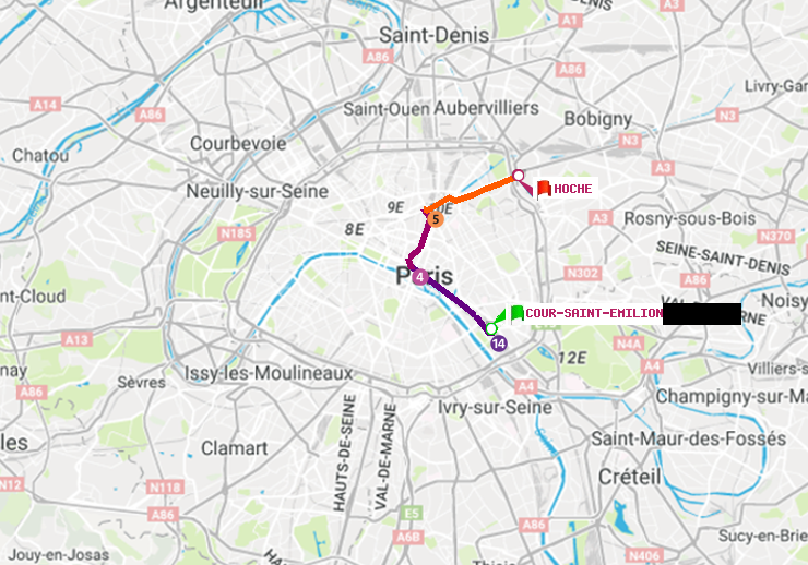 plan itinéraire ratp de Cour Saint-Emilion à Hoche