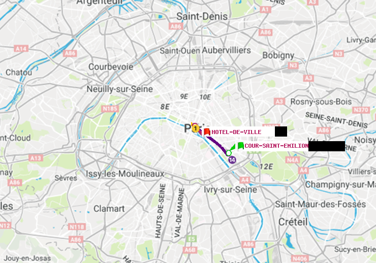 plan itinéraire ratp de Cour Saint-Emilion à Hôtel de Ville