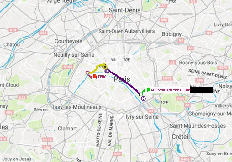 plan itinéraire ratp de Cour Saint-Emilion à Iéna