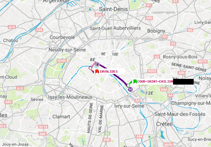 plan itinéraire ratp de Cour Saint-Emilion à Invalides