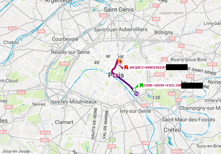 plan itinéraire ratp de Cour Saint-Emilion à Jacques-Bonsergent