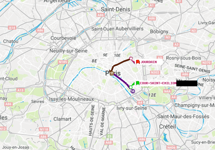 plan itinéraire ratp de Cour Saint-Emilion à Jourdain