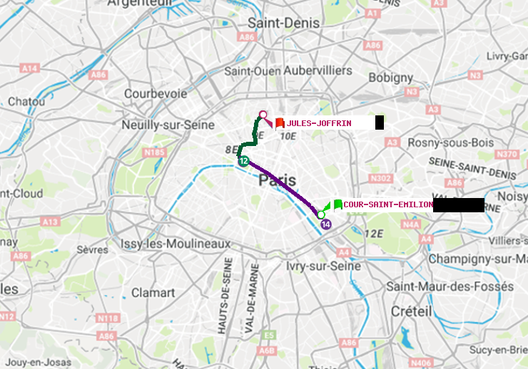 plan itinéraire ratp de Cour Saint-Emilion à Jules Joffrin