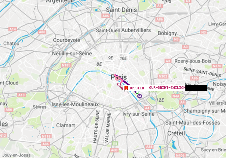 plan itinéraire ratp de Cour Saint-Emilion à Jussieu