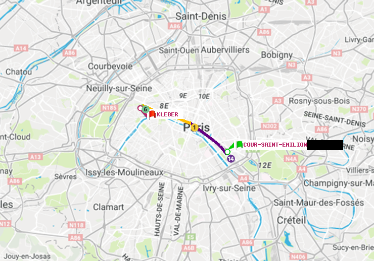plan itinéraire ratp de Cour Saint-Emilion à Kléber