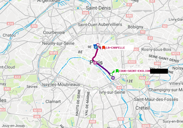 plan itinéraire ratp de Cour Saint-Emilion à La Chapelle