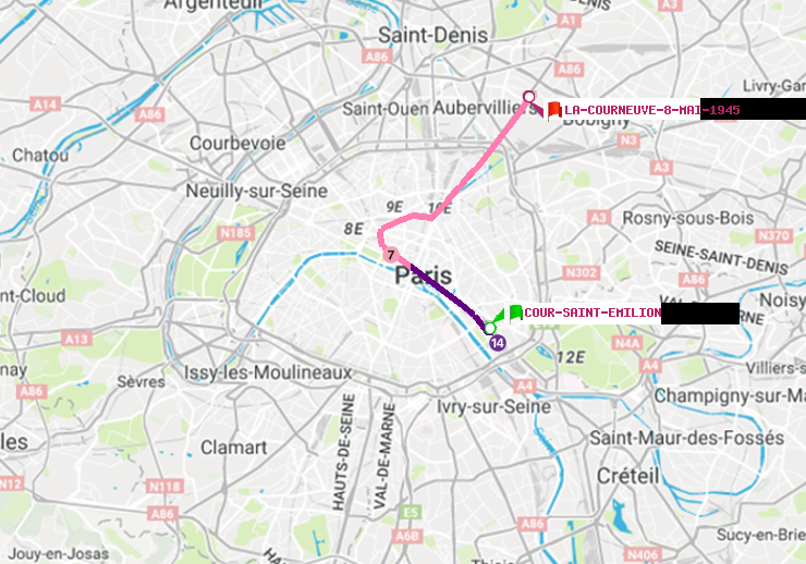 plan itinéraire ratp de Cour Saint-Emilion à La Courneuve-8-Mai-1945