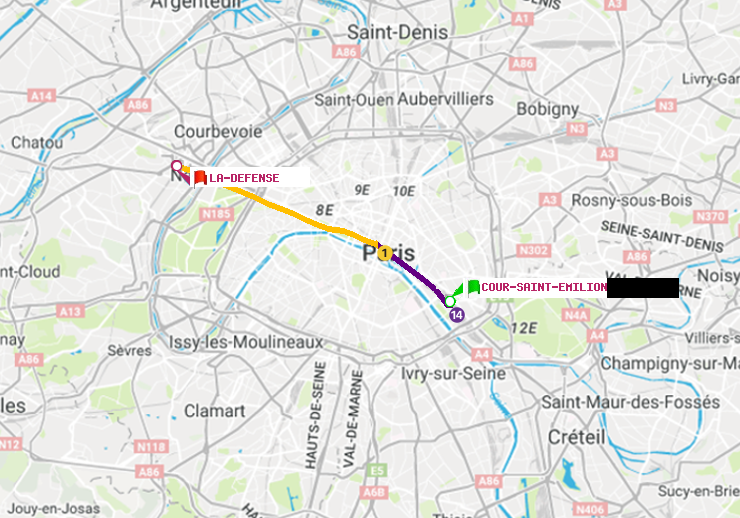 plan itinéraire ratp de Cour Saint-Emilion à La Défense (Grande Arche)