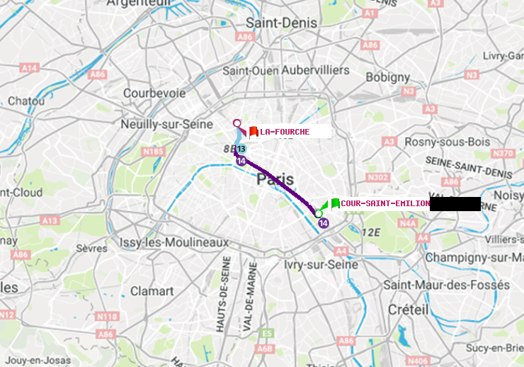 plan itinéraire ratp de Cour Saint-Emilion à La Fourche