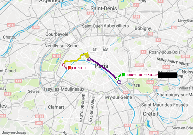 plan itinéraire ratp de Cour Saint-Emilion à La Muette