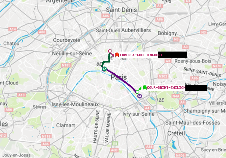 plan itinéraire ratp de Cour Saint-Emilion à Lamarck-Caulaincourt