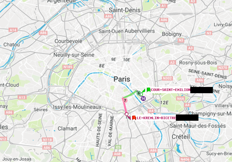 plan itinéraire ratp de Cour Saint-Emilion à Le Kremlin-Bicêtre
