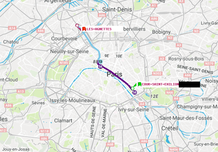 plan itinéraire ratp de Cour Saint-Emilion à Les Agnettes