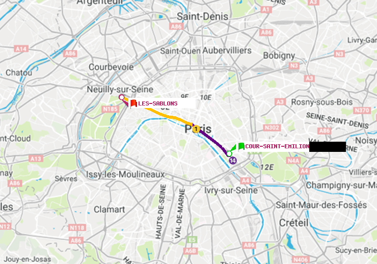 plan itinéraire ratp de Cour Saint-Emilion à Les Sablons (Jardin d