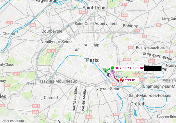 plan itinéraire ratp de Cour Saint-Emilion à Liberté