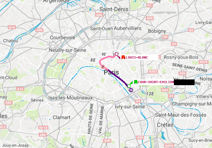 plan itinéraire ratp de Cour Saint-Emilion à Louis Blanc