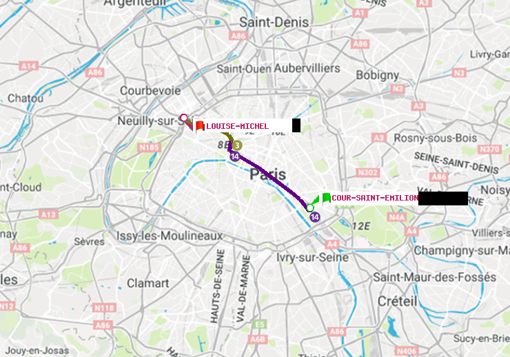 plan itinéraire ratp de Cour Saint-Emilion à Louise Michel