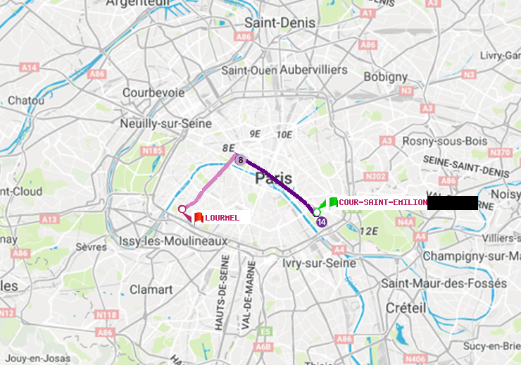 plan itinéraire ratp de Cour Saint-Emilion à Lourmel