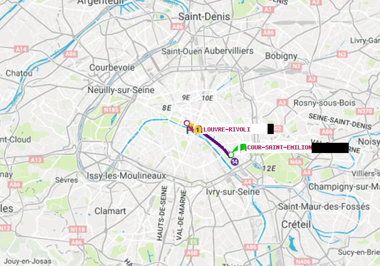 plan itinéraire ratp de Cour Saint-Emilion à Louvre-Rivoli