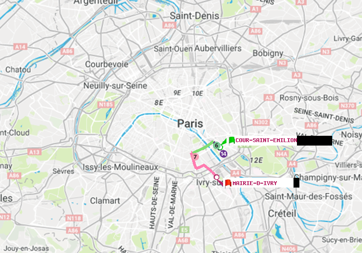 plan itinéraire ratp de Cour Saint-Emilion à Mairie d