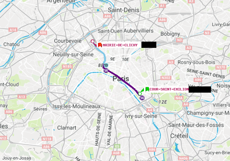 plan itinéraire ratp de Cour Saint-Emilion à Mairie de Clichy