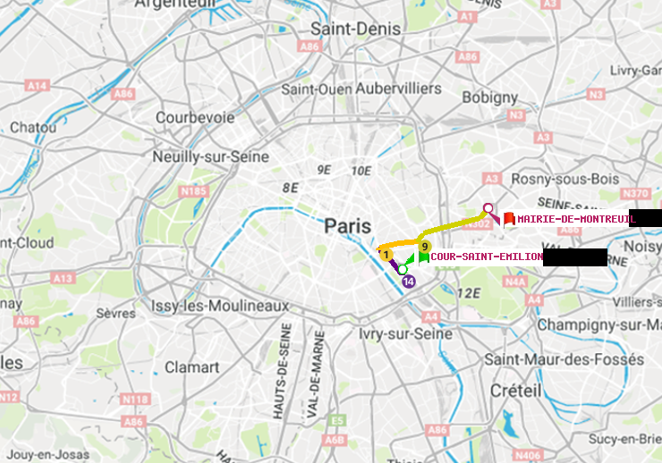 plan itinéraire ratp de Cour Saint-Emilion à Mairie de Montreuil