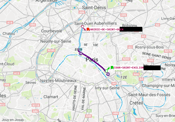 plan itinéraire ratp de Cour Saint-Emilion à Mairie de Saint-Ouen