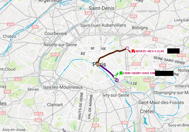 plan itinéraire ratp de Cour Saint-Emilion à Mairie des Lilas