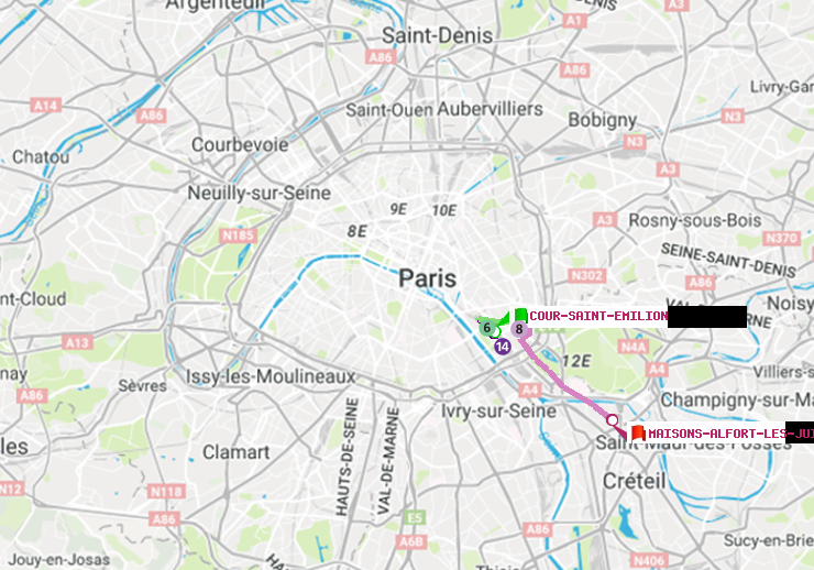 plan itinéraire ratp de Cour Saint-Emilion à Maisons-Alfort-Les Juilliottes