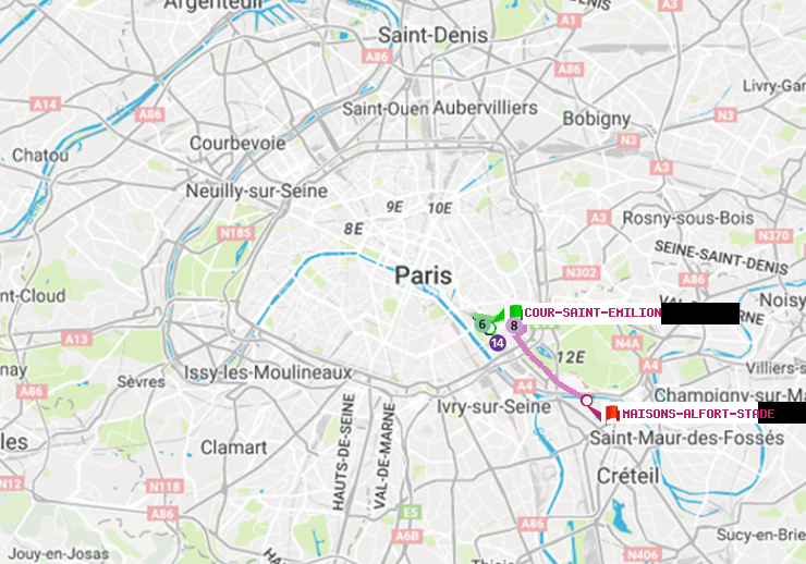 plan itinéraire ratp de Cour Saint-Emilion à Maisons-Alfort-Stade