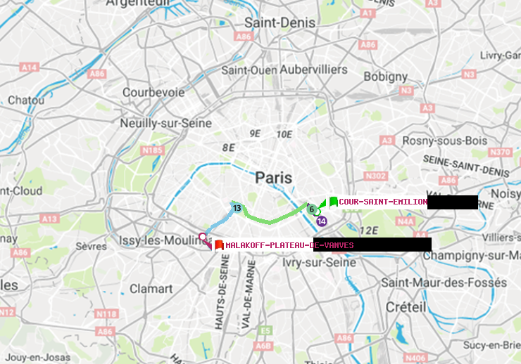 plan itinéraire ratp de Cour Saint-Emilion à Malakoff-Plateau de Vanves
