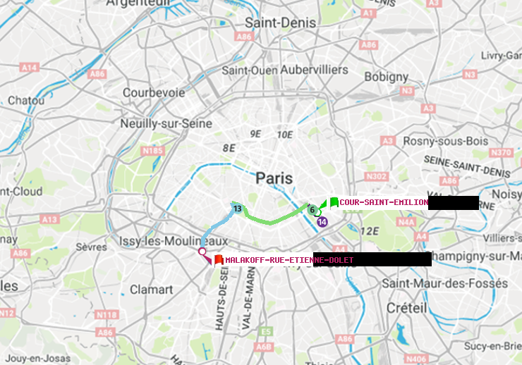 plan itinéraire ratp de Cour Saint-Emilion à Malakoff-Rue Etienne Dolet