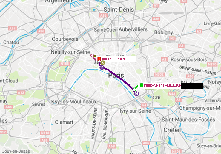 plan itinéraire ratp de Cour Saint-Emilion à Malesherbes